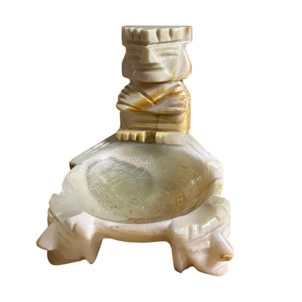 VTG Hand Carved Aztec Calendar Alabaster Marble Ash Tray Jewelry Trinket Dish
